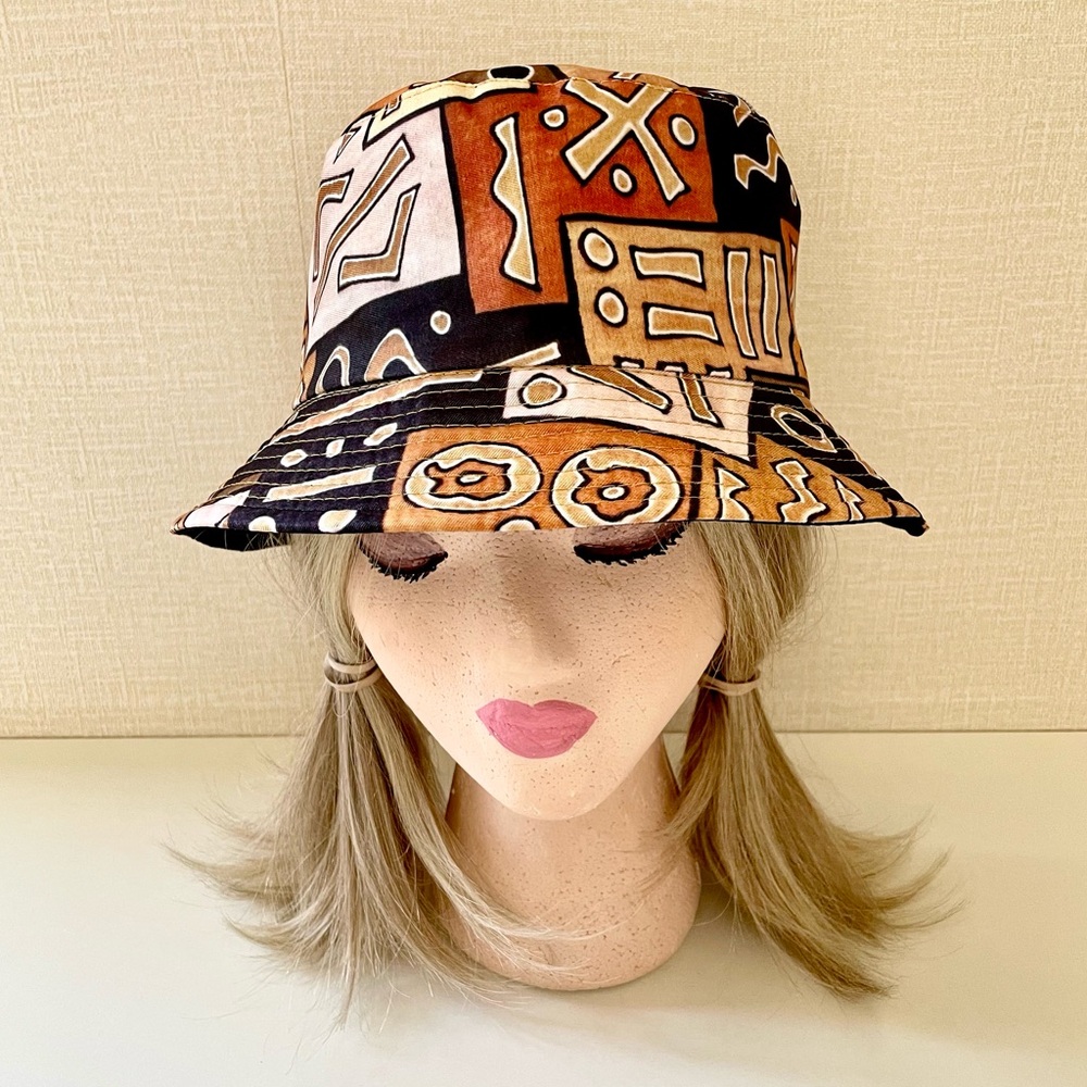 Earth Tone Polynesian Tiki Tropical Print Bucket Hat, Reversible, Unisex…